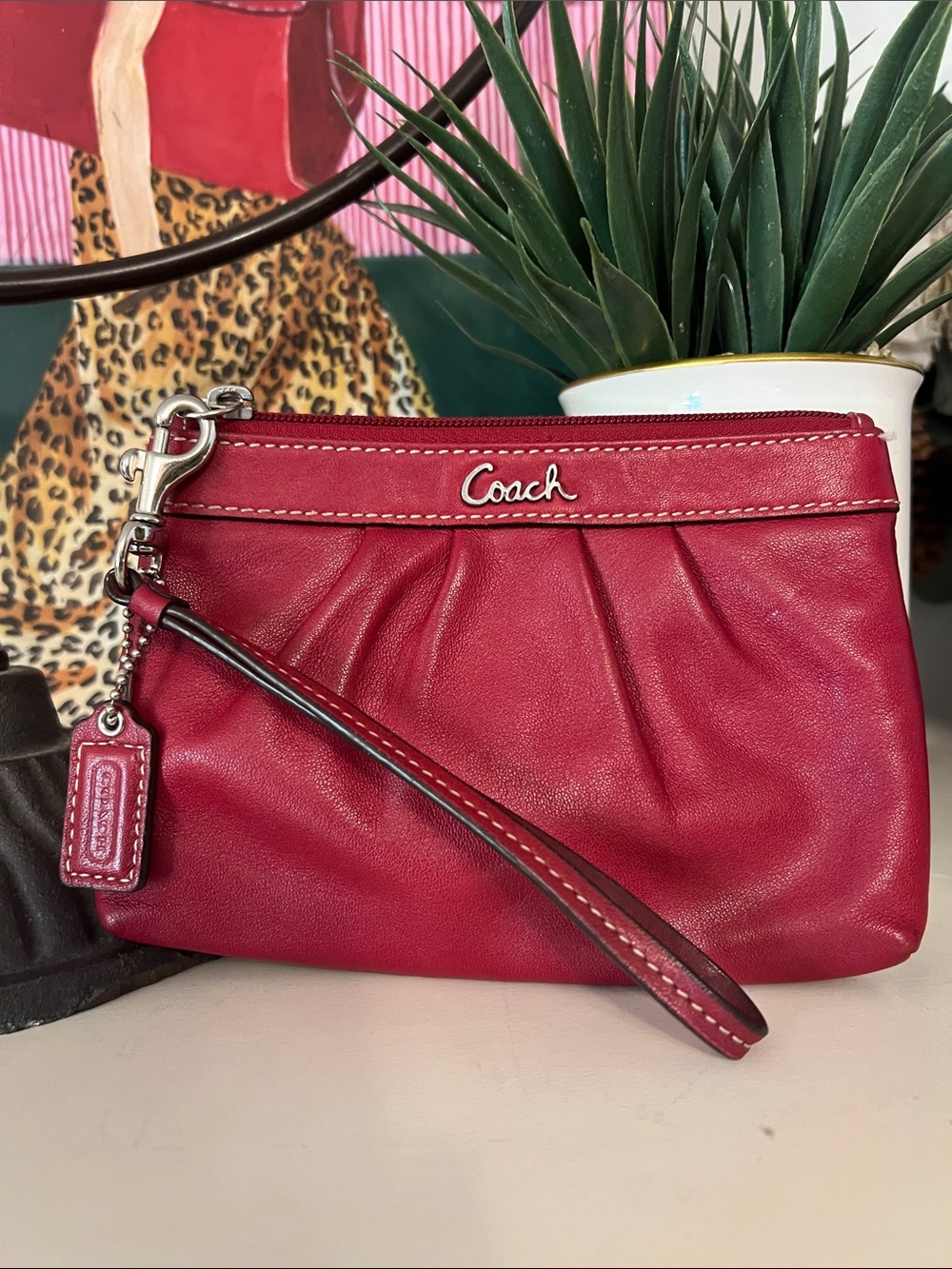 Coach Red Leather Wristlet Clutch with Silver Hardware